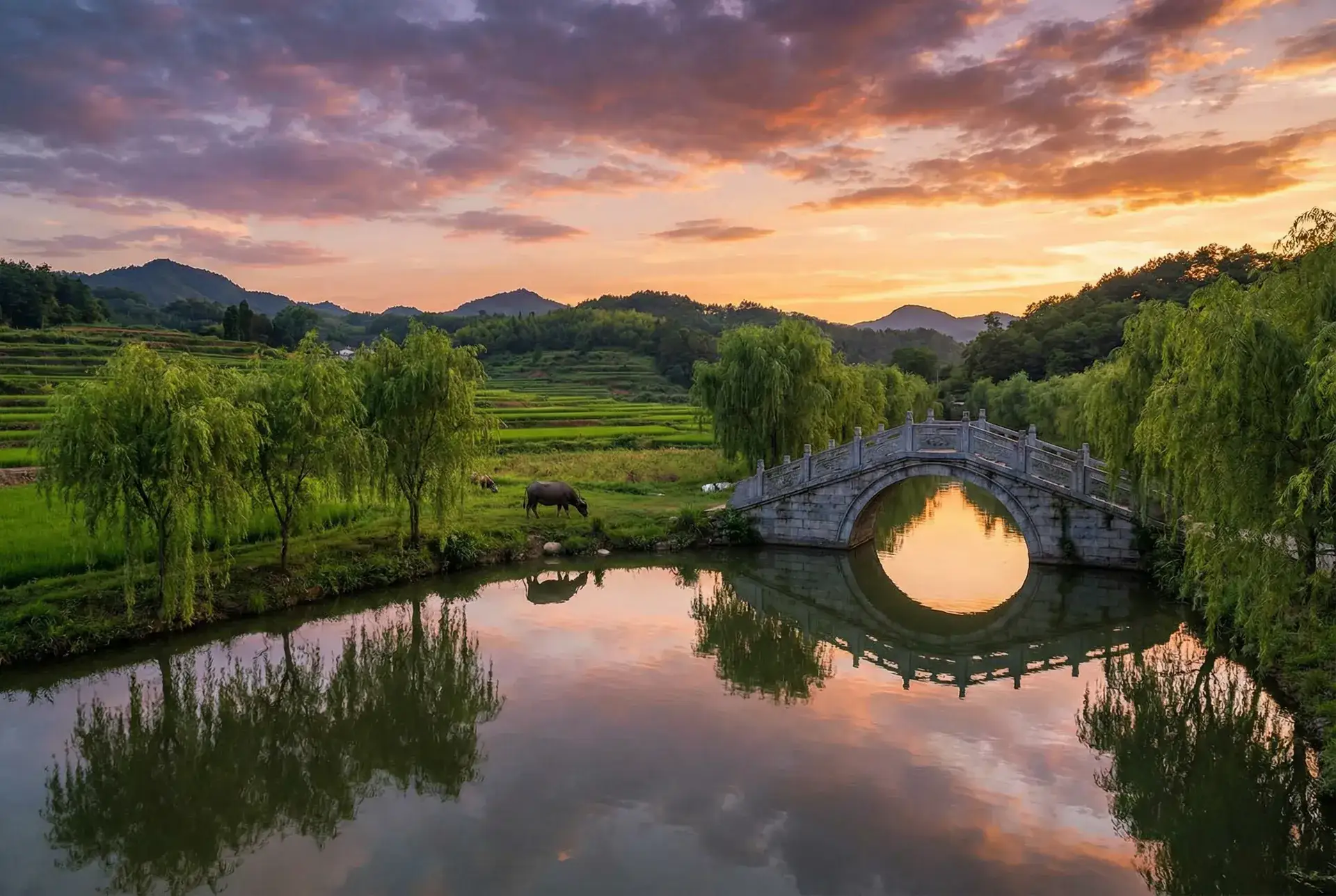夕阳下的石拱桥与垂柳，水牛在河边吃草 - 缓慢而有力的C 乡村美景
